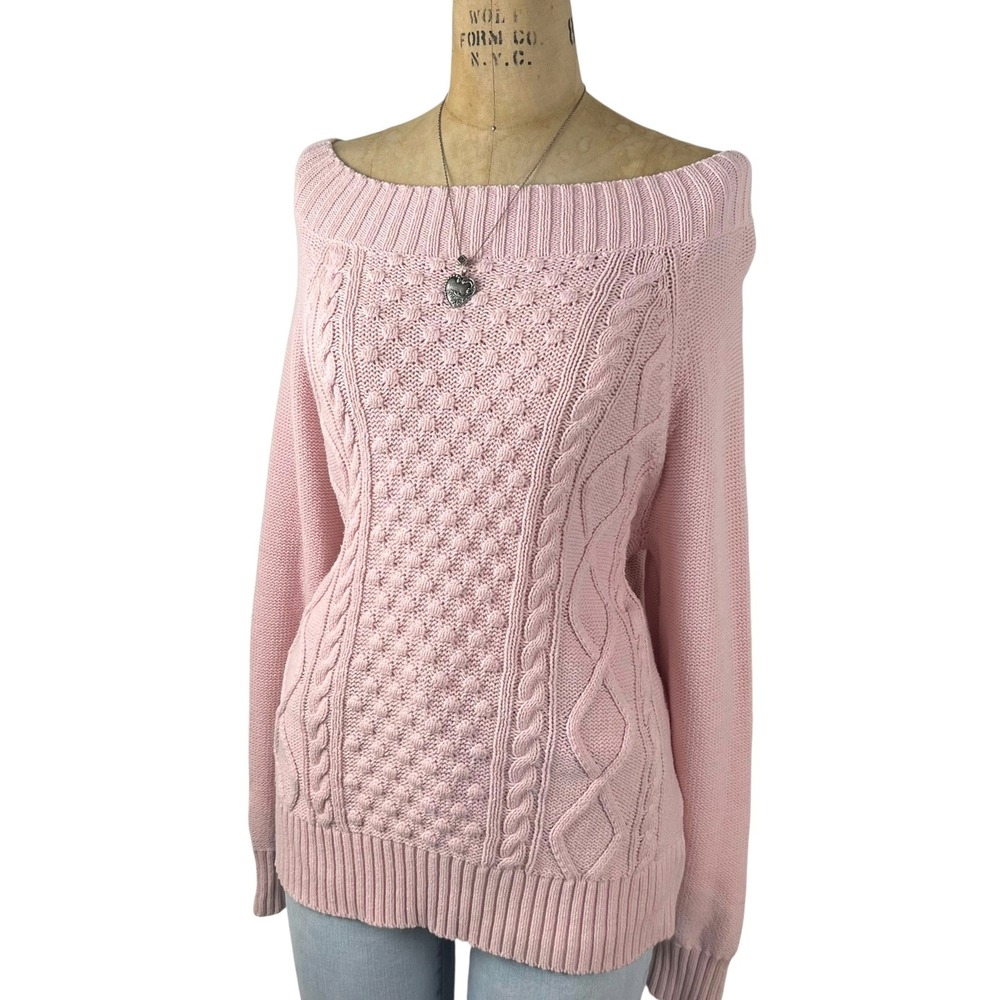 Coquette Chaps Sweater Off Shoulder Cable Knit Preppy Academia Layering Size L - Picture 3 of 9